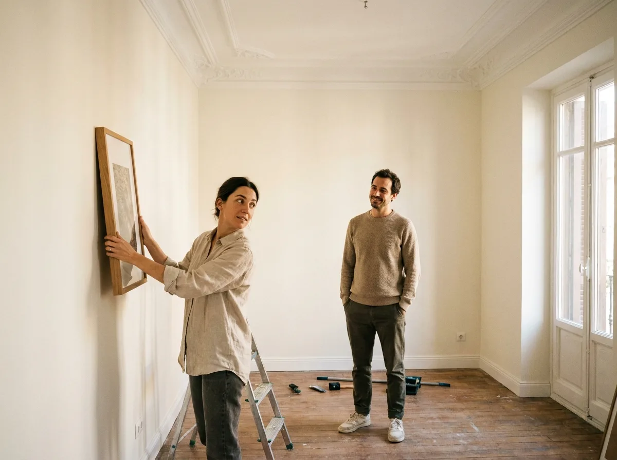 Una pareja cuelga el primer cuadro en el salón aún vacío de su piso nuevo.